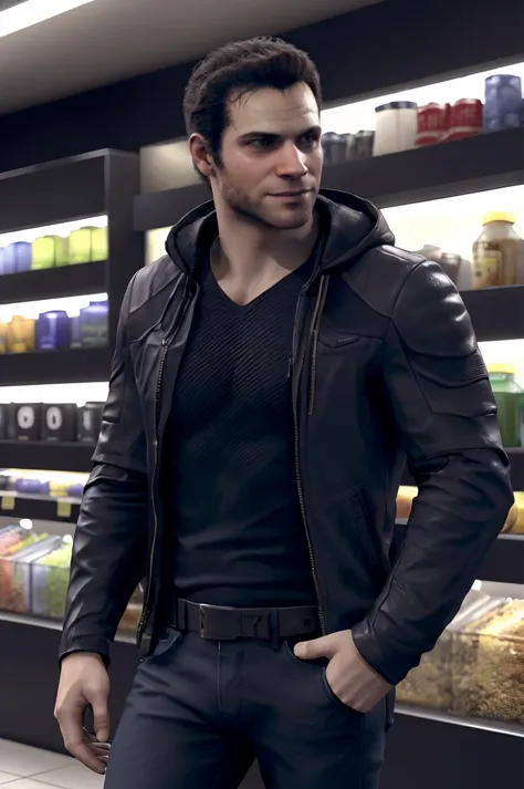 (RAW photo), <lora:gavreedtest:0.6>, gavinreed, upper body, male focus, (muscular:1.4), store, jacket, jeans, medium_shot, smirk