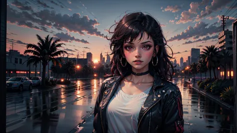 anime girl in leather jacket standing on wet street with city in background