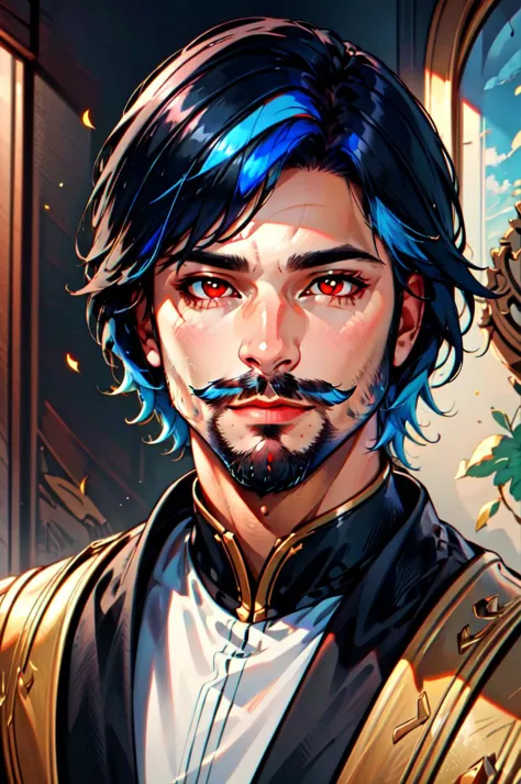 a close up of a man with blue hair and a mustache