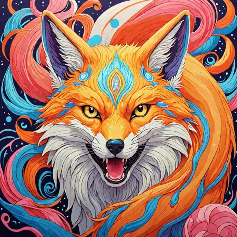 a painting of a fox with a colorful mane and a blue sky background