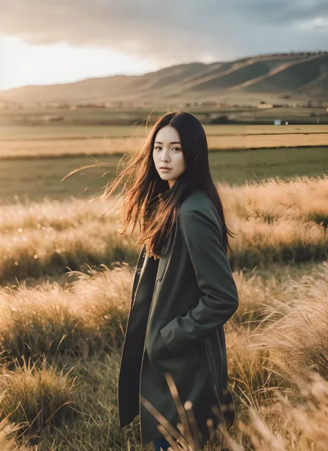 darkfeeling, 1girl, solo, long hair, black hair, long sleeves, standing, outdoors, blurry, coat, floating hair, grass, wind, bla...