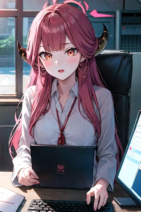 anime girl with long pink hair sitting at a desk with a laptop