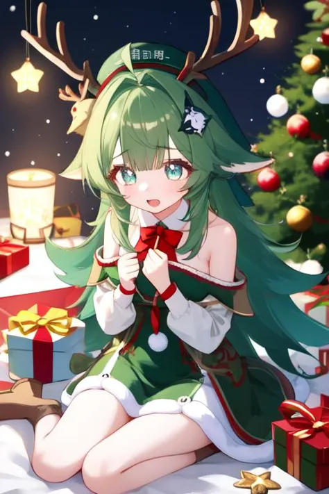 a woman in a green dress sitting on a bed next to a christmas tree