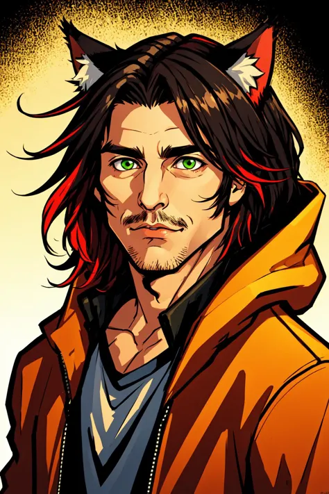 a man with long hair and a cat ears wearing a jacket