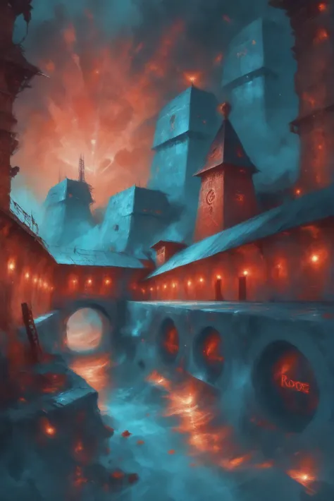 digital painting, duotone red and turquoise, glowing runes, morning, scenery, factory in a rome<lora:envystarlightsurreality01:1...