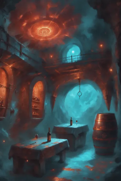 digital painting, duotone red and turquoise, glowing runes, wine and ale cellar \(room\) in a whimsical,solemn scifi cloud city ...