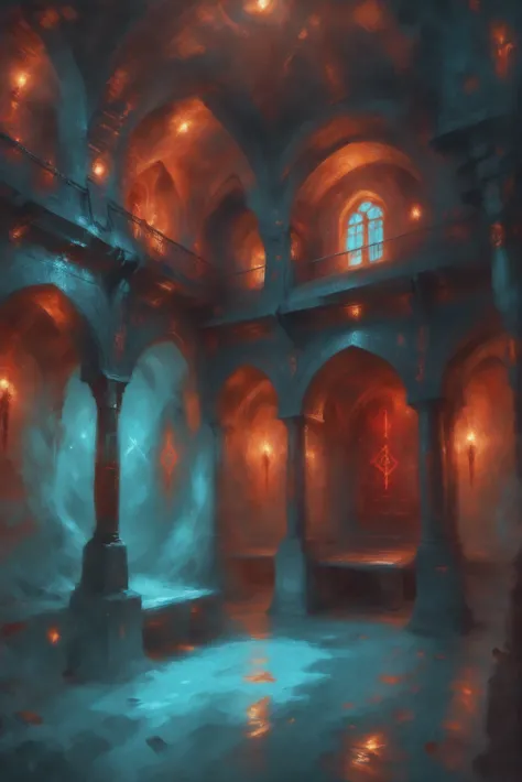 digital painting, duotone red and turquoise, glowing runes, warmly lit interior, in a inviting monastery<lora:envystarlightsurre...