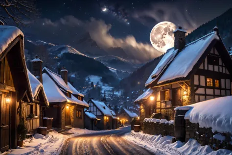 a view of a snowy street with a full moon in the sky