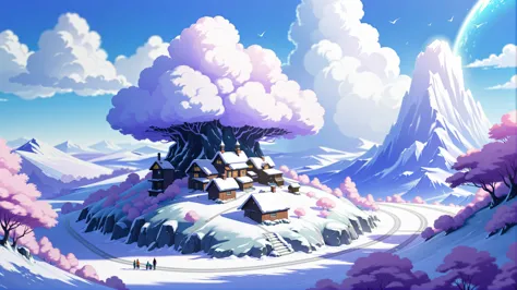 snowy mountain landscape with a house and a tree in the middle