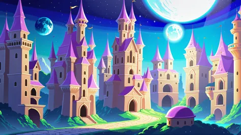 a close up of a castle with a moon in the sky