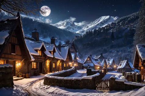 dark snowy valley at night, mediaeval hamlet and cottages dotted along a cobblestone road, (high fantasy:1.3), banner, spires, thatched roofs, decortation, barrels, crates, starry night, moon of hills, hidden behind clouds, warm torch light comes out of the windows, smoke, tree, haze, snow,<lora:EnvyPicturesqueXL01:1> <lora:EnvyWhimsicalXL01:1> <lora:quality1:1>, masterpiece, best quality, ultra high res, (photorealistic, realistic:1.2), deep shadow, raw photo, film grain, Fujifilm XT3, 8k uhd, dslr