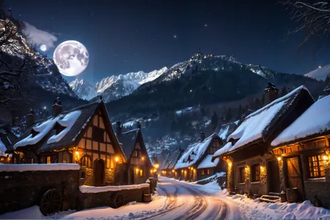 snowy night scene with a full moon and a snowy village