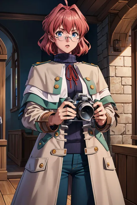 a woman in a coat holding a camera in a room