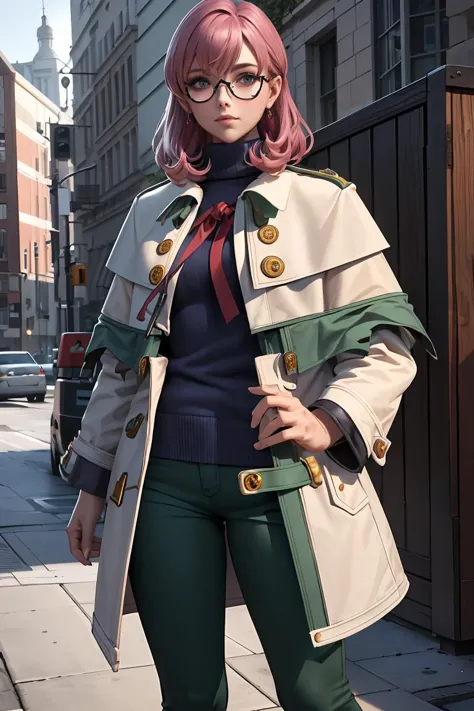 anime - style woman in glasses and a trench coat standing on a sidewalk