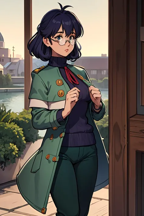 (masterpiece, best quality), 1girl,   <lora:dorothy-nvwls-v1:0.8> dorothy hyatt, glasses, coat, blue turtleneck sweater, green pants