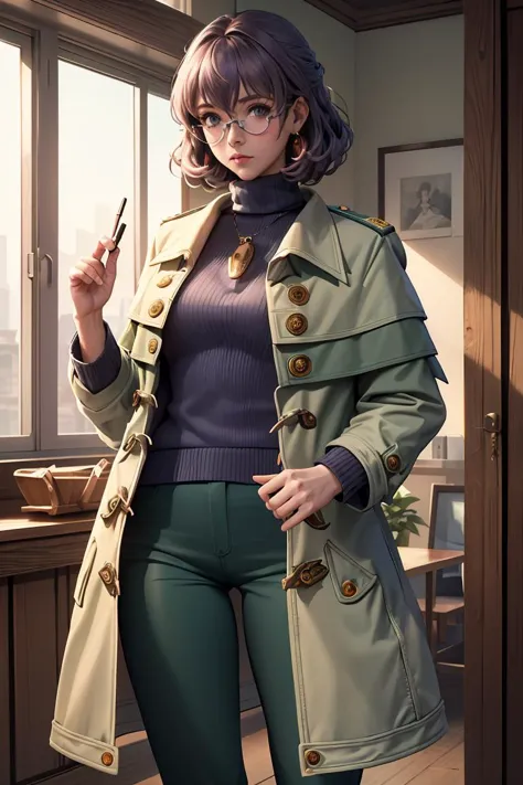 a woman in a trench coat and green pants holding a cigarette