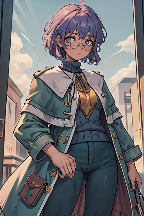 (masterpiece, best quality), 1girl,   <lora:dorothy-nvwls-v1:0.8> dorothy hyatt, glasses, coat, blue turtleneck sweater, green pants