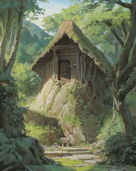 a painting of a hut in the woods with a pathway