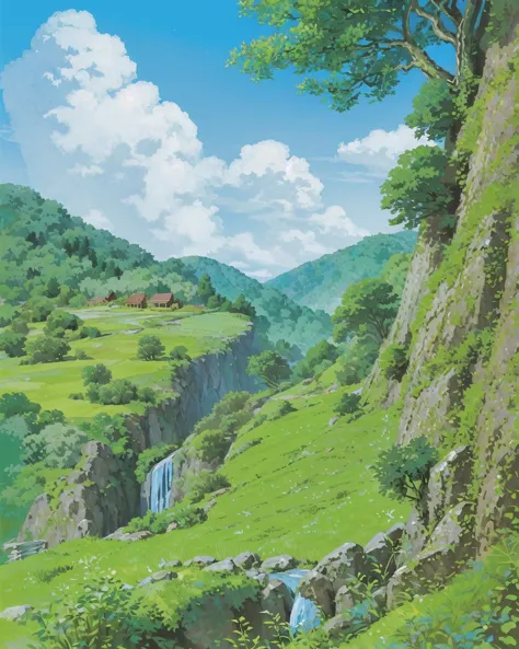 a painting of a waterfall in a valley with a mountain in the background