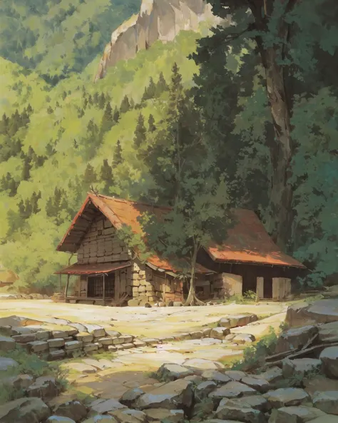 painting of a cabin in the woods with a mountain in the background