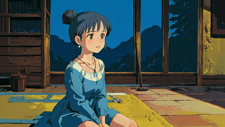 anime girl sitting on the floor in front of a window