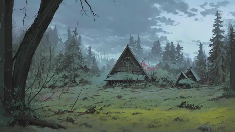 there is a painting of a cabin in the woods with a red fire hydrant