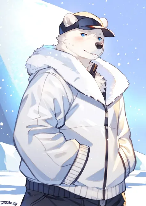 by bebebebebe,by zeekzag,by kishibe,best quality,masterpiece,(arctic,snow),adult,solo,male,polar bear,puffy jacket,hat