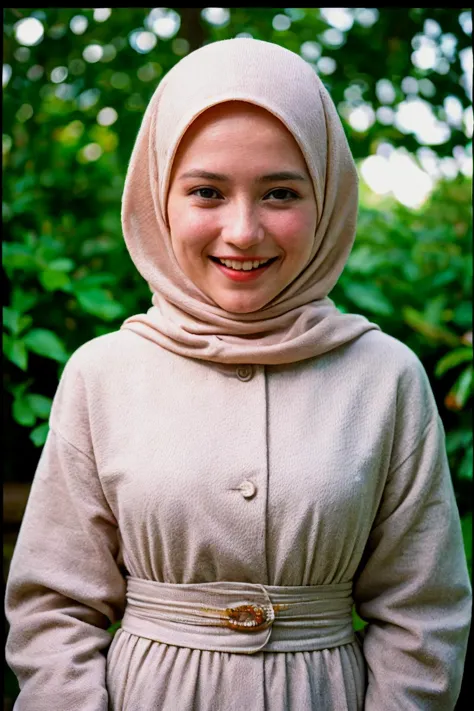 analog film photo solo, gstyle, realistic, ((woman)), (((hijab))), (((grin512:1.1))), ((Long sleeves abaya, moslem dress)), ((bo...
