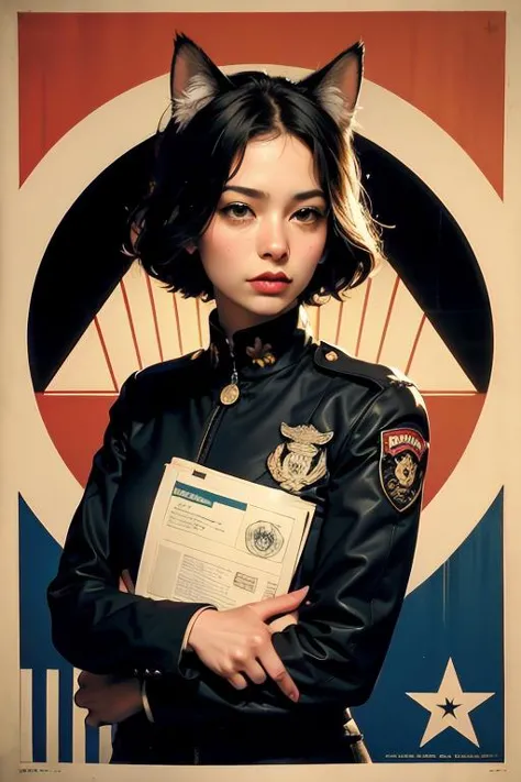 catbsolutism meowlitirastic style, 1girl, solo, by Frank Shepard Fairey, papers please, uniform, flag, inspiring, epic, professi...