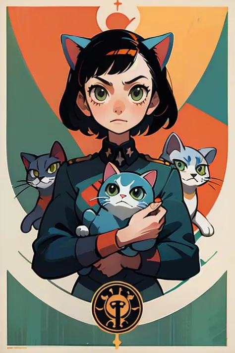 catbsolutism meowlitirastic style, 1girl, solo, by Frank Shepard Fairey, papers please, uniform, flag, inspiring, epic, professi...