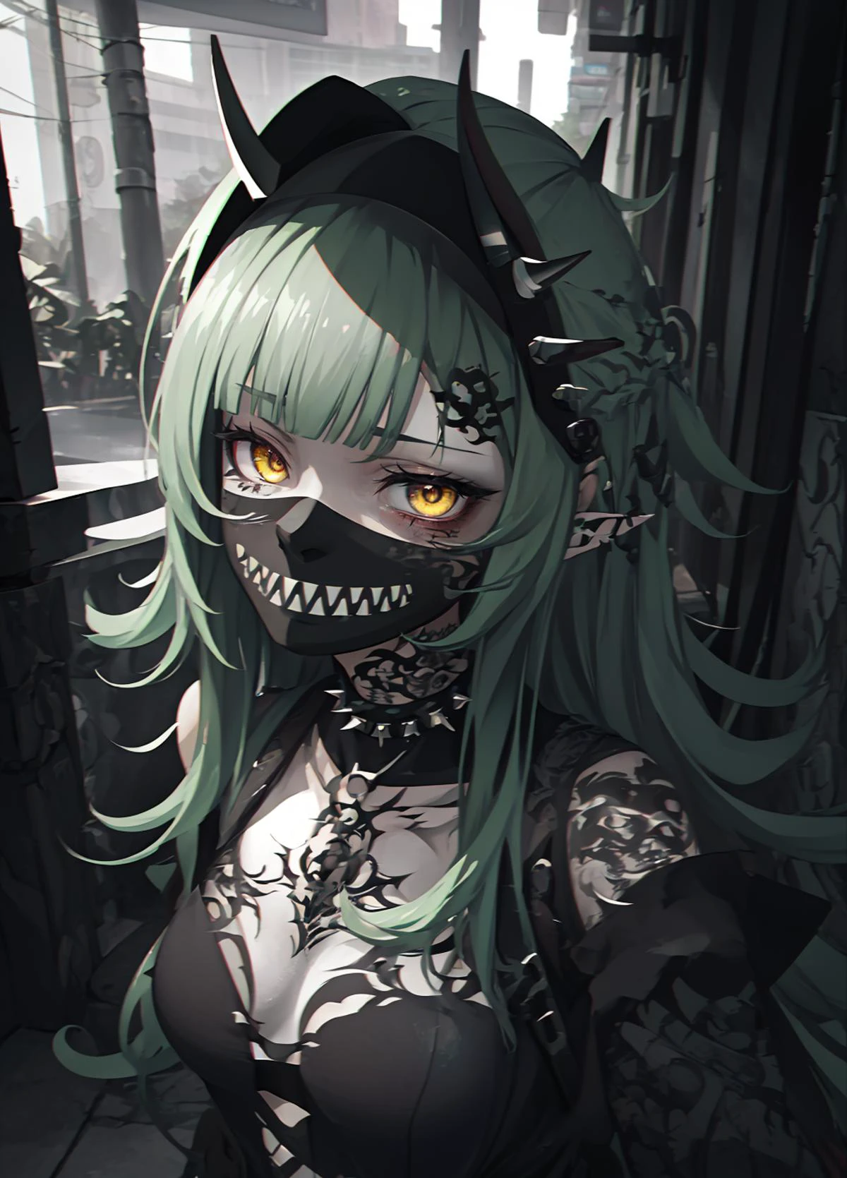 eem, dark theme, (white skin: 1.21), 1girl, (medium breasts: 1.21), (sexy: 1.21), armor, yellow eyes, pointy ears, green hair, gavial, necklace, Goth_punk, teeth, smile, chain, (spiked hair: 1.1), sp1k3 choker, torn clothes, (forehead protector: 1.5, konohagakure symbol, tattoo), glowing, glowing eyes, smoke, spot color, electricity, (rain night: 1.21), (upper body: 1.21 selfie: 1.1, 