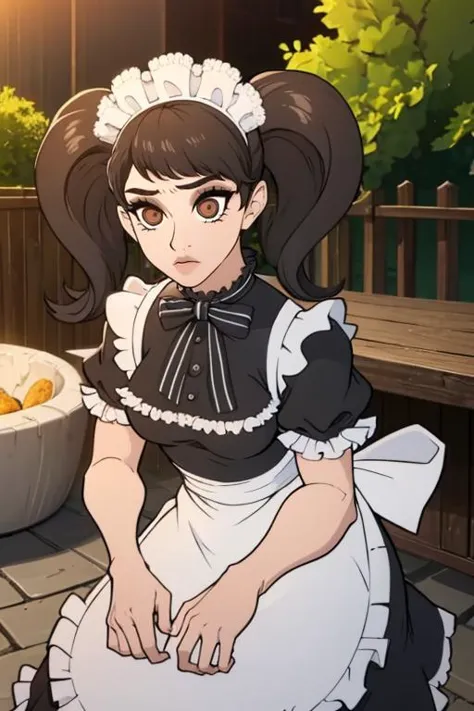 a woman in a maid outfit sitting on a bench next to a bowl of fruit