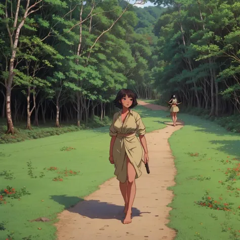young barefoot woman walking on a forest path, full figure shot, pasterpiece, highly detailed <lora:BigBirdCage_v3-000060:0.9> b...
