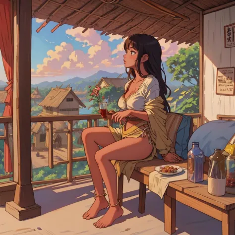 young barefoot woman sitting on veranda, full figure shot, m asterpiece, highly detailed <lora:BigBirdCage_v3-000060:0.7> big _b...