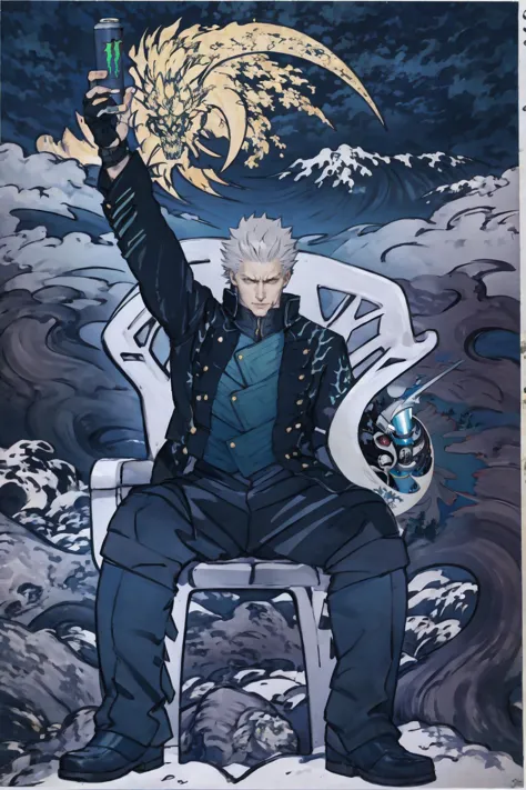 High Quality, Masterpiece, <lora:dmc5_vergil:1>, dmc5vergil, black coat, fingerless gloves, pants, motivatedchair, <lora:Pos_Chair:0.8>, <lora:Yomama_Edo_artstyle:0.8>, yomama_edo, cloud, wave, mountain,, HoldingMonsterEnergy, <lora:Pos_HoldingMonsterEnergy:0.5>