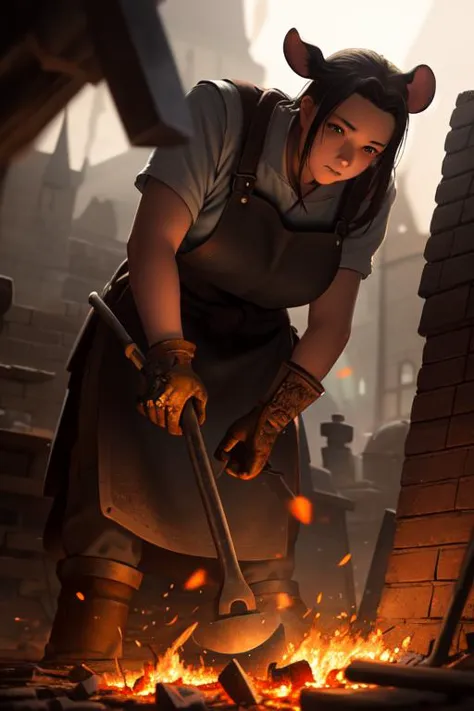 a woman in a hat and apron is working on a fire