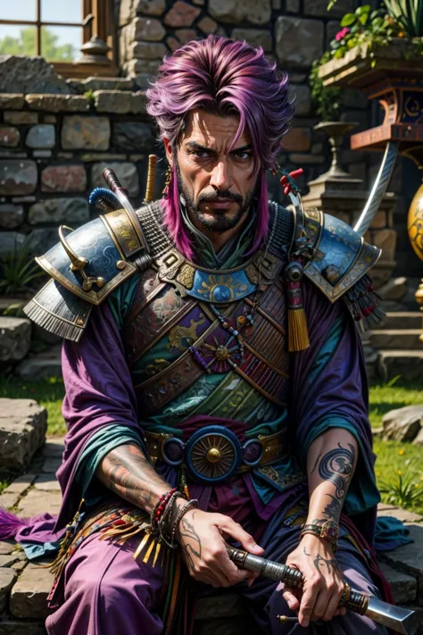 a close up of a man in a purple outfit sitting on a stone bench