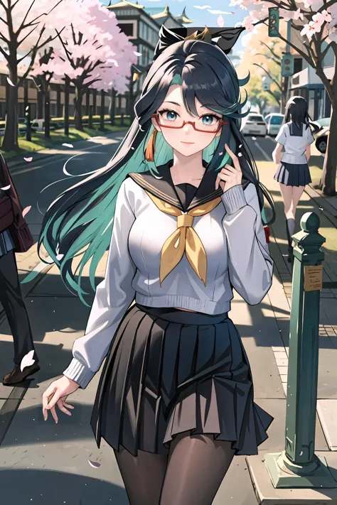 1fille, xianyun \(impact genshin\), Lunettes, seulement, uniforme scolaire, chemise blanche, Pull-over, jupe plissée, collants, léger sourire, regarder le spectateur, En plein air, rue, fleurs de cerisier, pétales, profondeur de champ, chef-d&#39;œuvre