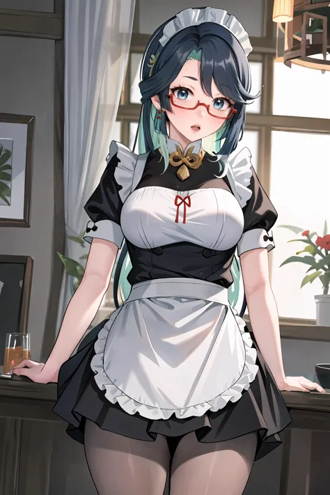 1girl, xianyun \(genshin impact\), glasses, solo, maid, maid headdress, maid apron, embarrassed, pantyhose, open mouth, blush, parted lips, looking at viewer, cowboy shot, bar \(place\), indoors, depth of field, masterpiece