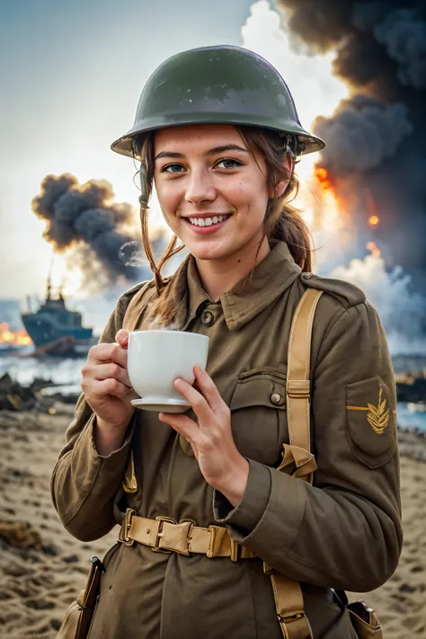 arafed woman in uniform holding a cup of coffee in front of a fire