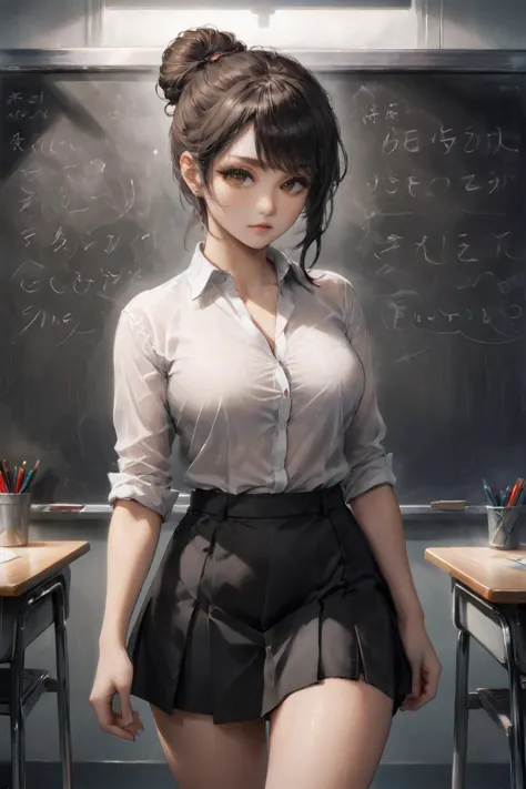 a woman in a school uniform standing in front of a chalkboard