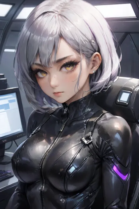 a close up of a person in a futuristic suit with a computer