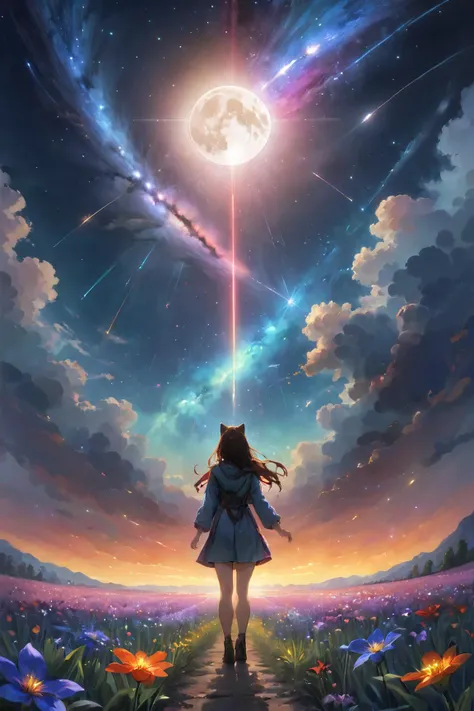 a girl standing in a field looking at the stars