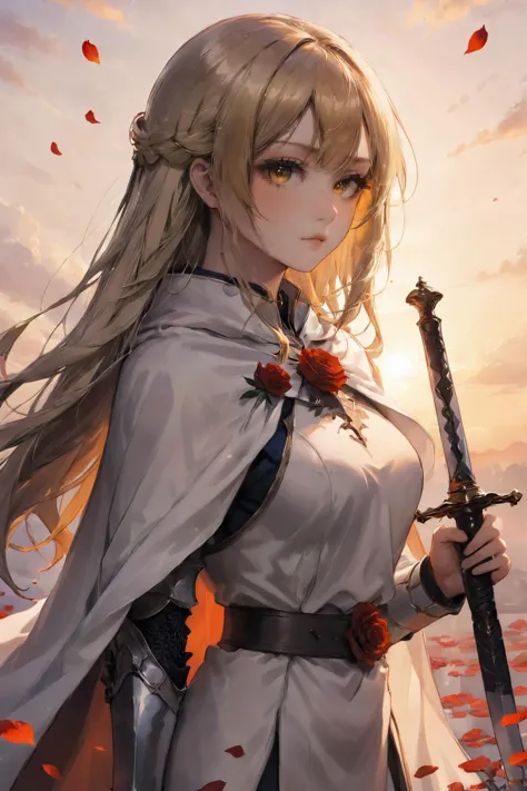 a woman with long blonde hair holding a sword in front of a sunset