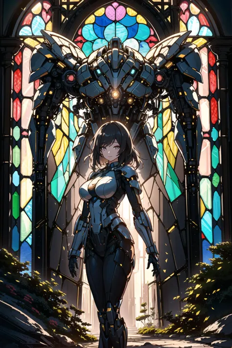 a woman in a futuristic outfit standing in front of a stained window