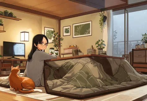 best quality, ultra-detailed, illustration,
kotatsu, plant, television, indoors, potted plant, plate, couch, food, rug, wooden f...