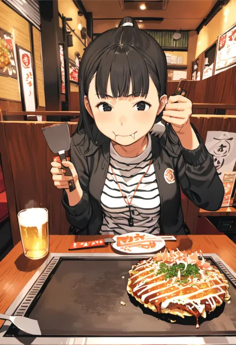 best quality, ultra-detailed, illustration, 
okonomiyaki, Teppan, 1girl, food, black hair, solo, holding, mug, indoors, fork, ja...