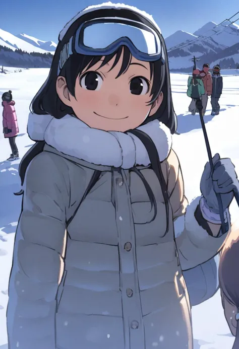 <lora:comiclo_a31:1>,snow, goggles, sky, black hair, outdoors, winter, black eyes, smile, multiple girls, day, 1girl, gloves, mu...