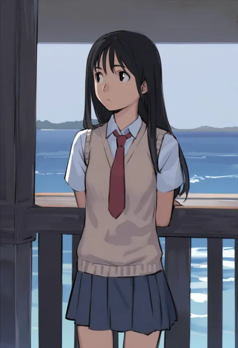 1girl, solo, sweater vest, black hair, necktie, long hair, black eyes, school uniform, outdoors, sky, short sleeves, looking away, looking to the side, shirt, skirt, red necktie, ocean, railing, scenery, vest