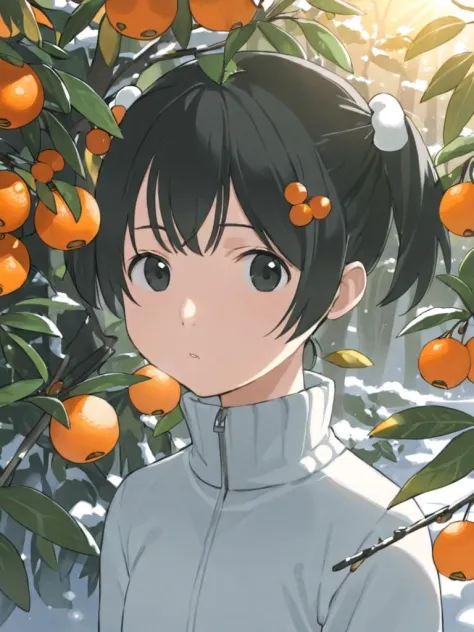 <lora:comiclo_xl:1>,1girl,solo,black hair,fruit,black eyes,tree,food,coat,hair ornament,orange (fruit),looking at viewer,upper b...